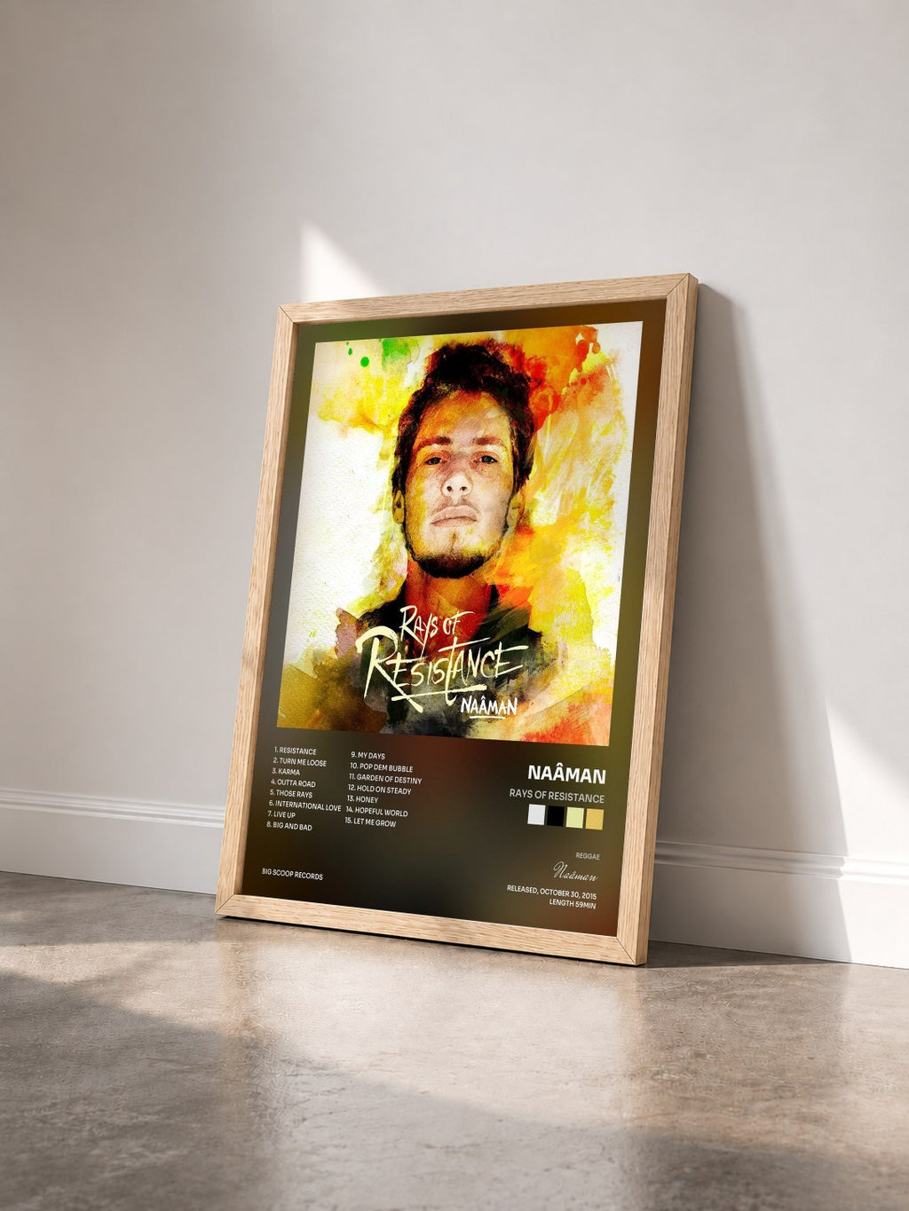 #bois Tableau de l'album Rays of Resistance de Naâman vu de trois quarts, cadre en bois brut