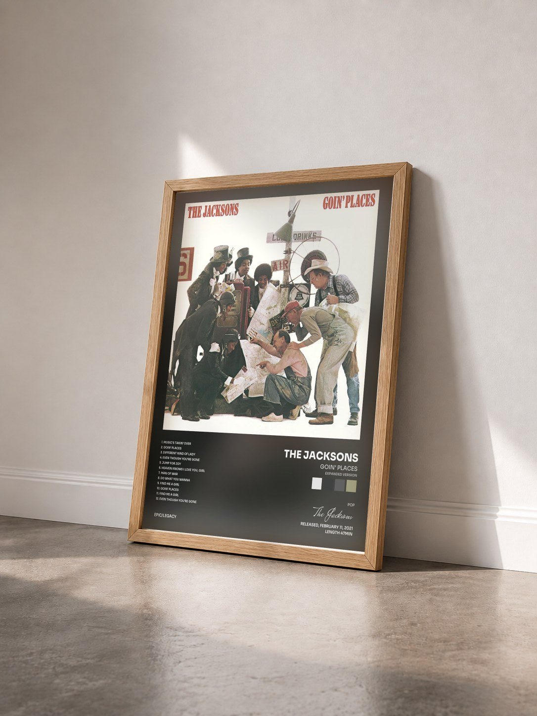 #bois Tableau de l'album Goin' Places (Expanded Version) de The Jacksons vu de trois quarts, cadre en bois brut
