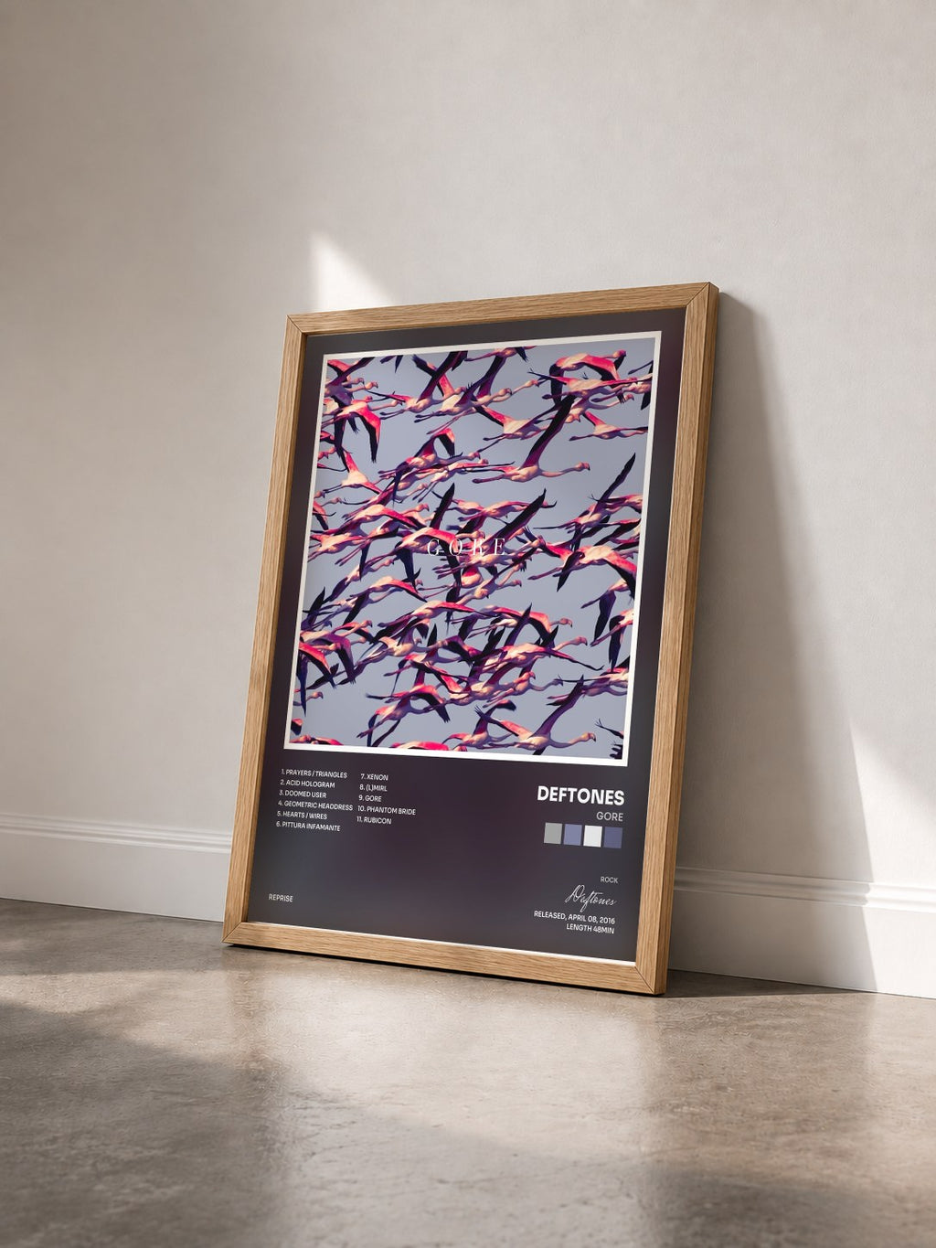 #bois Tableau de l'album Gore de Deftones vu de trois quarts, cadre en bois brut
