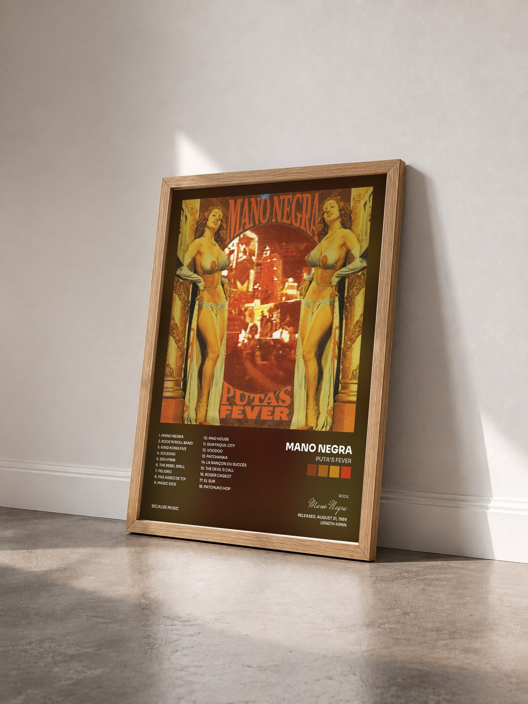 #bois Tableau de l'album Puta's Fever de Mano Negra vu de trois quarts, cadre en bois brut