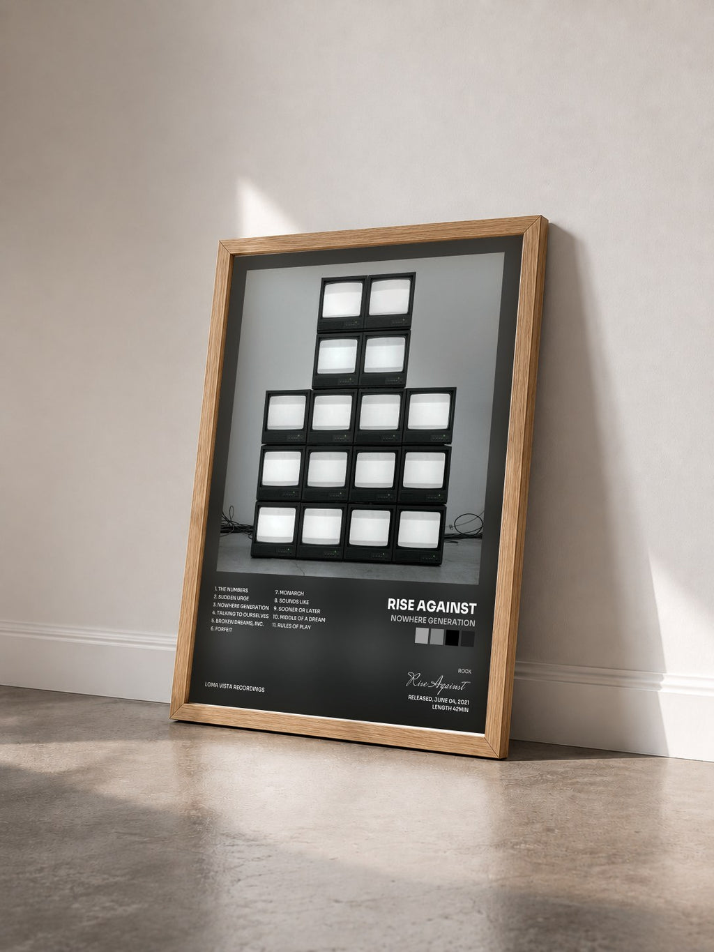 #bois Tableau de l'album Nowhere Generation de Rise Against vu de trois quarts, cadre en bois brut