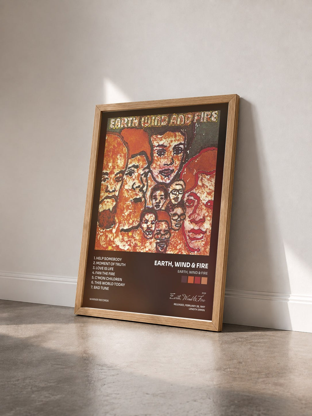 #bois Tableau de l'album Earth, Wind & Fire de Earth, Wind & Fire vu de trois quarts, cadre en bois brut