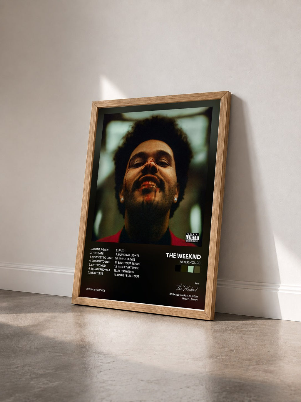 #bois Tableau de l'album After Hours de The Weeknd vu de trois quarts, cadre en bois brut