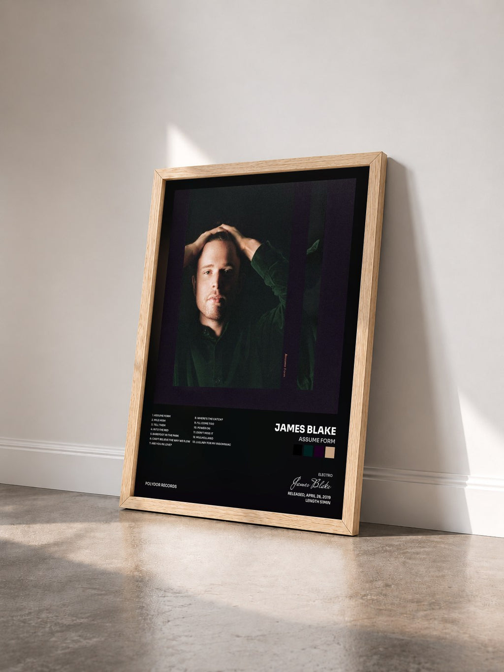 #bois Tableau de l'album Assume Form de James Blake vu de trois quarts, cadre en bois brut