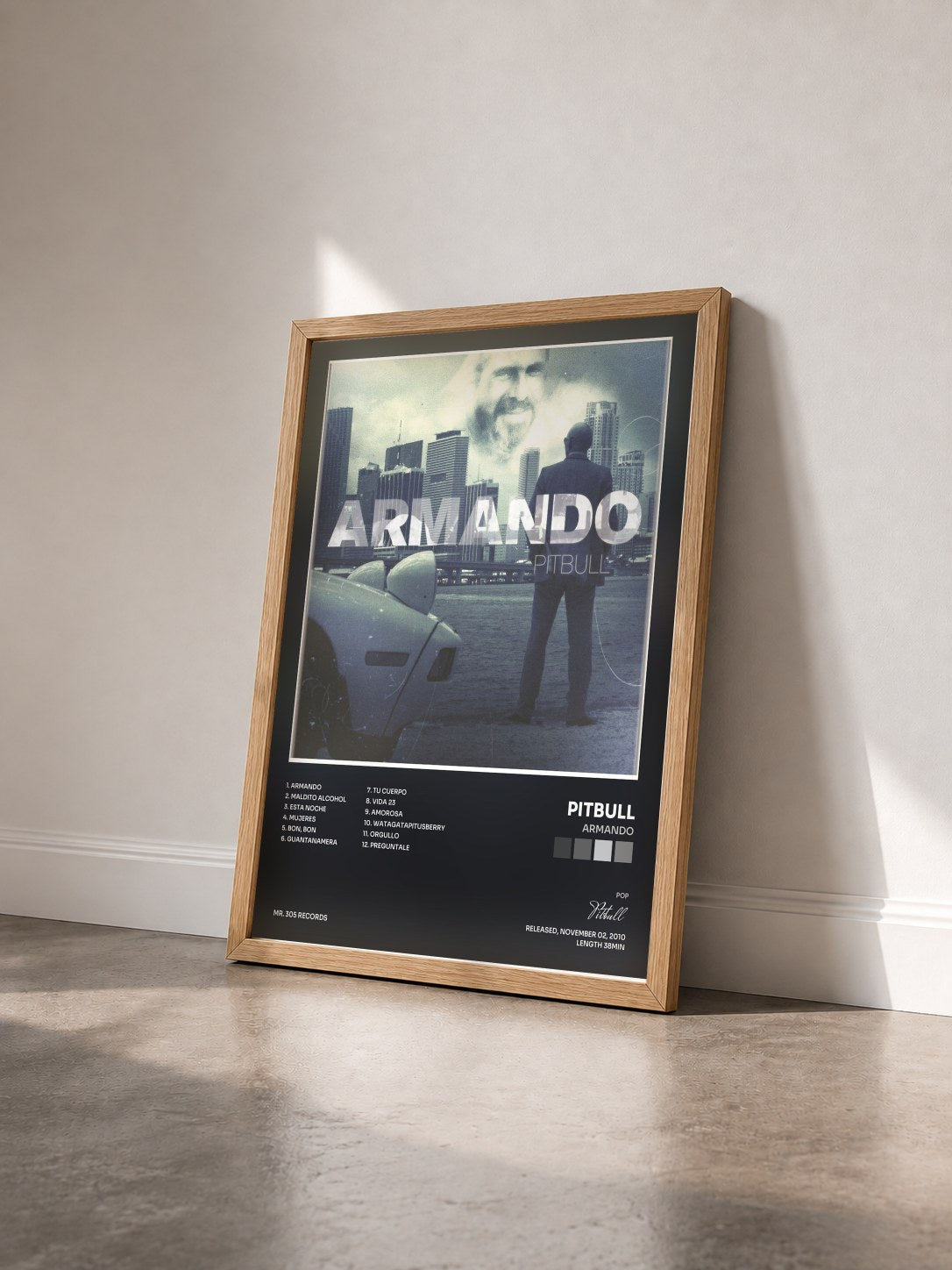 #bois Tableau de l'album Armando de Pitbull vu de trois quarts, cadre en bois brut