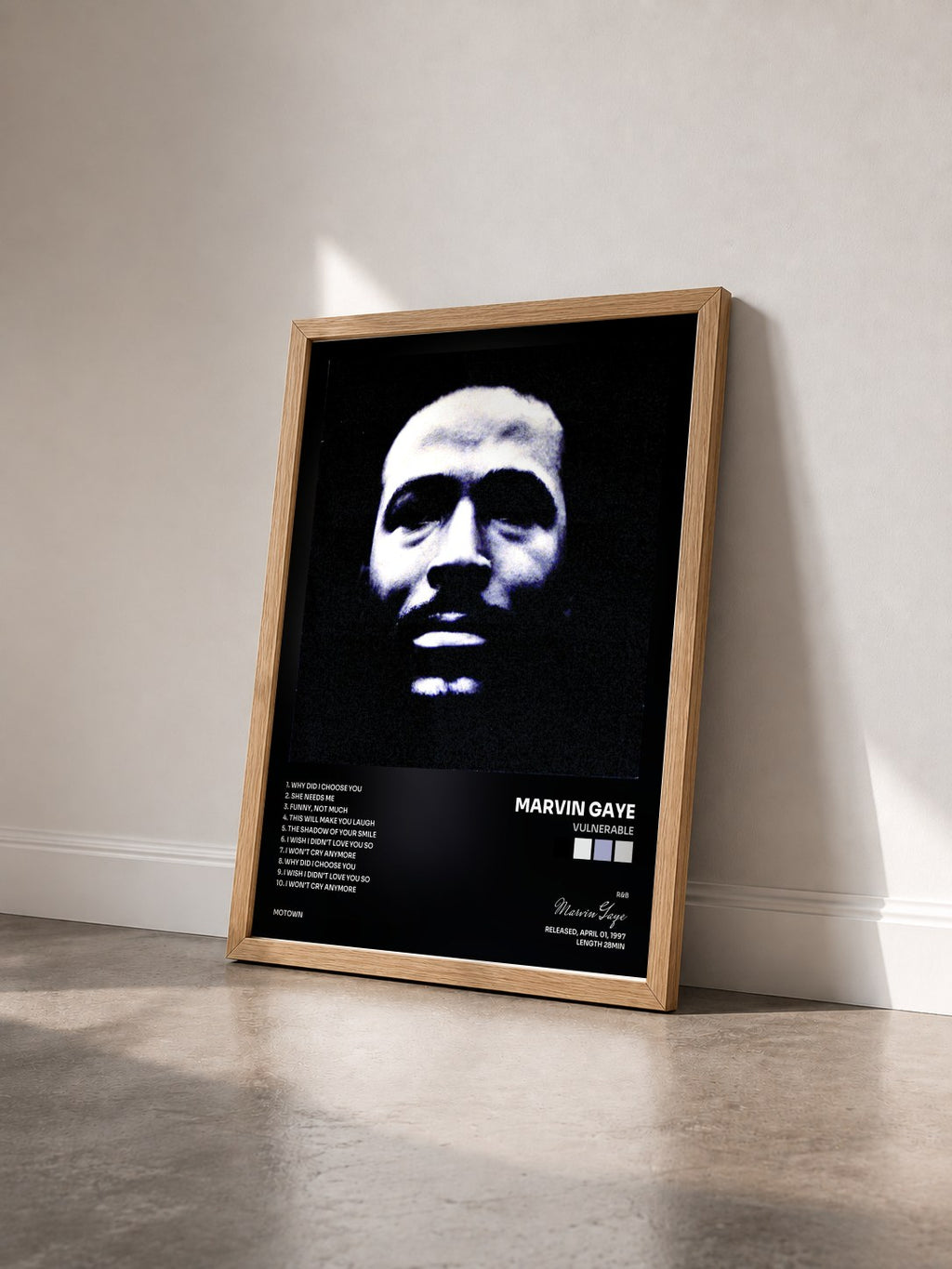 #bois Tableau de l'album Vulnerable de Marvin Gaye vu de trois quarts, cadre en bois brut