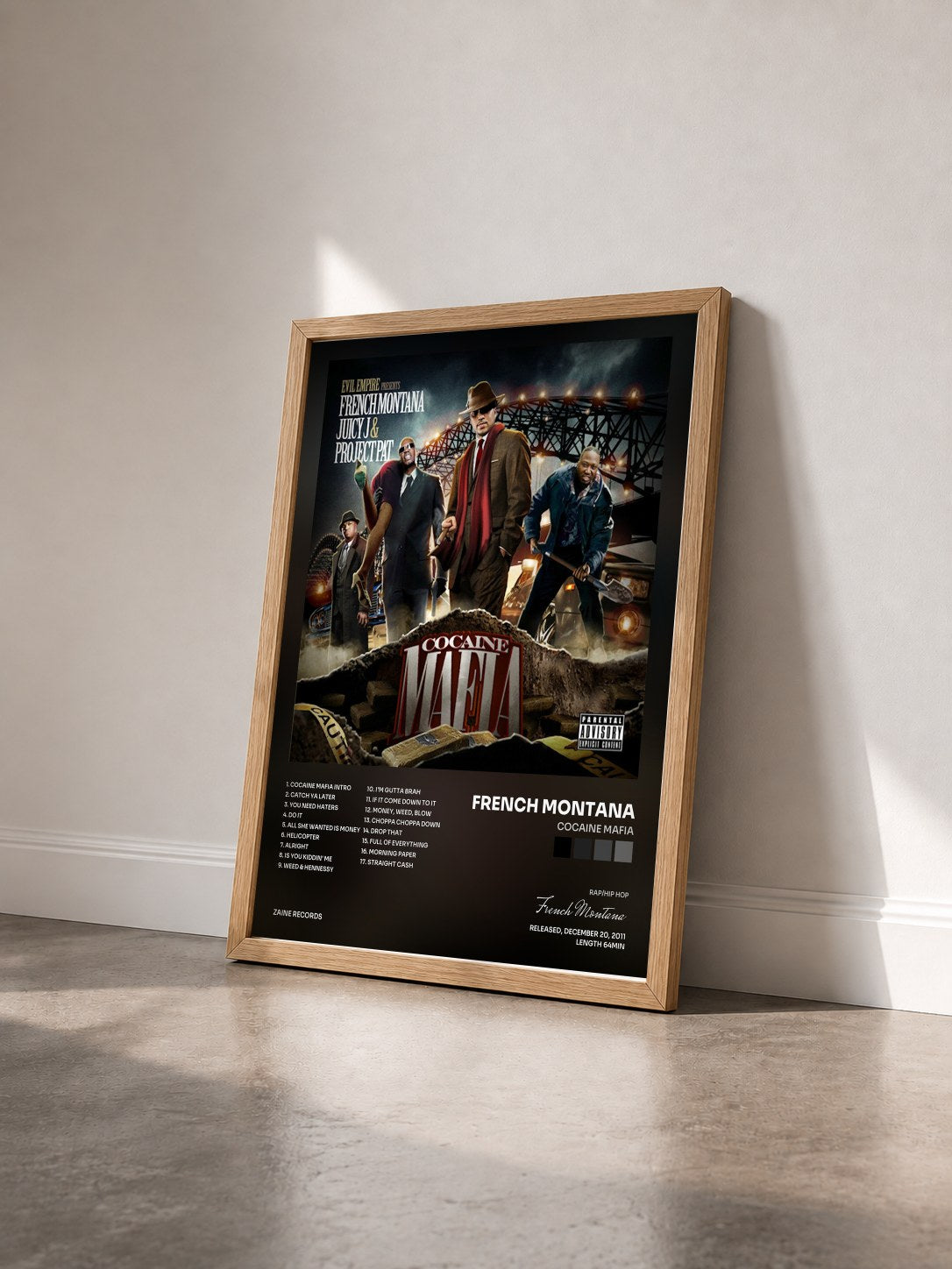 #bois Tableau de l'album Cocaine Mafia de French Montana vu de trois quarts, cadre en bois brut