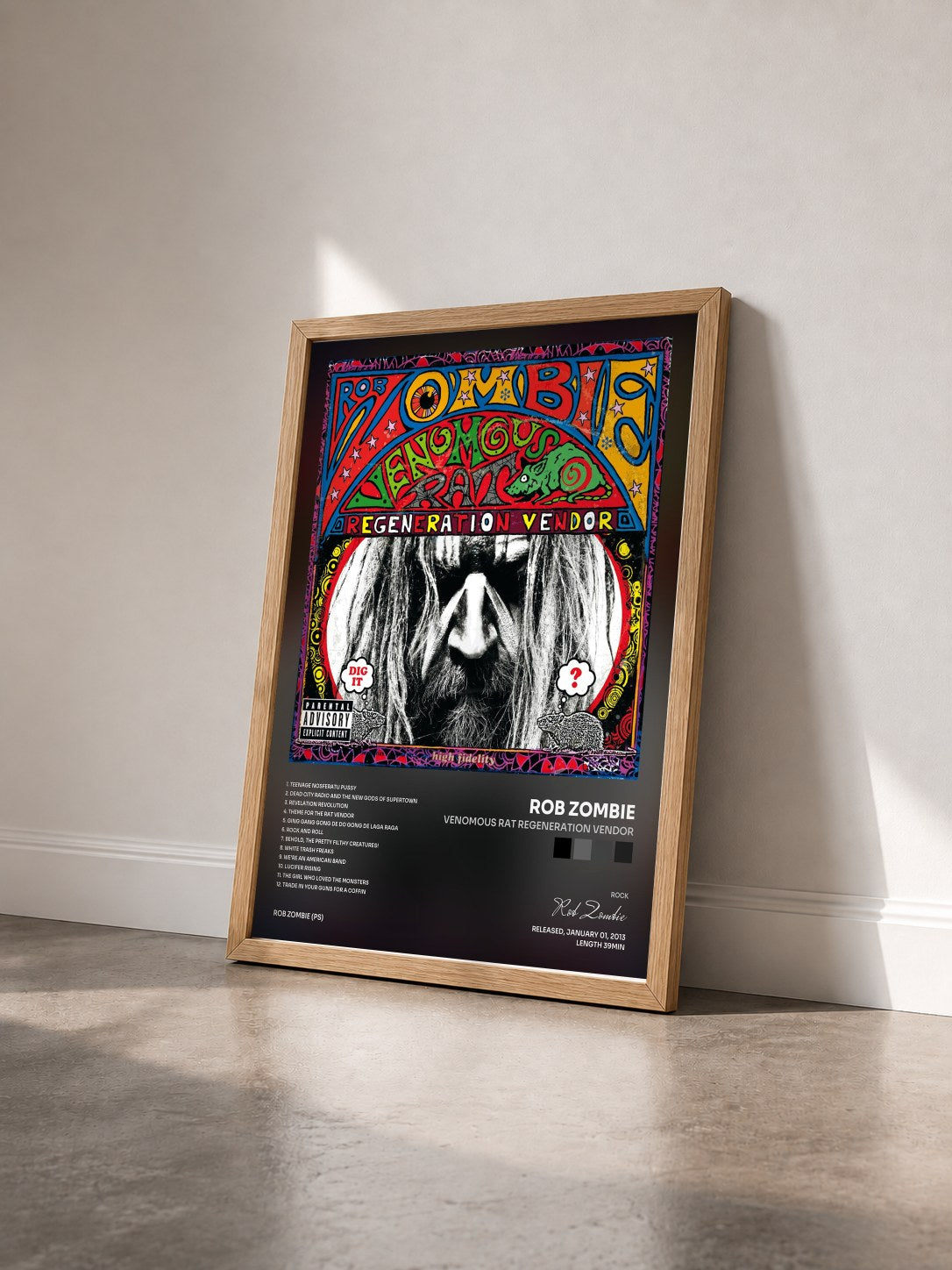 #bois Tableau de l'album Venomous Rat Regeneration Vendor de Rob Zombie vu de trois quarts, cadre en bois brut