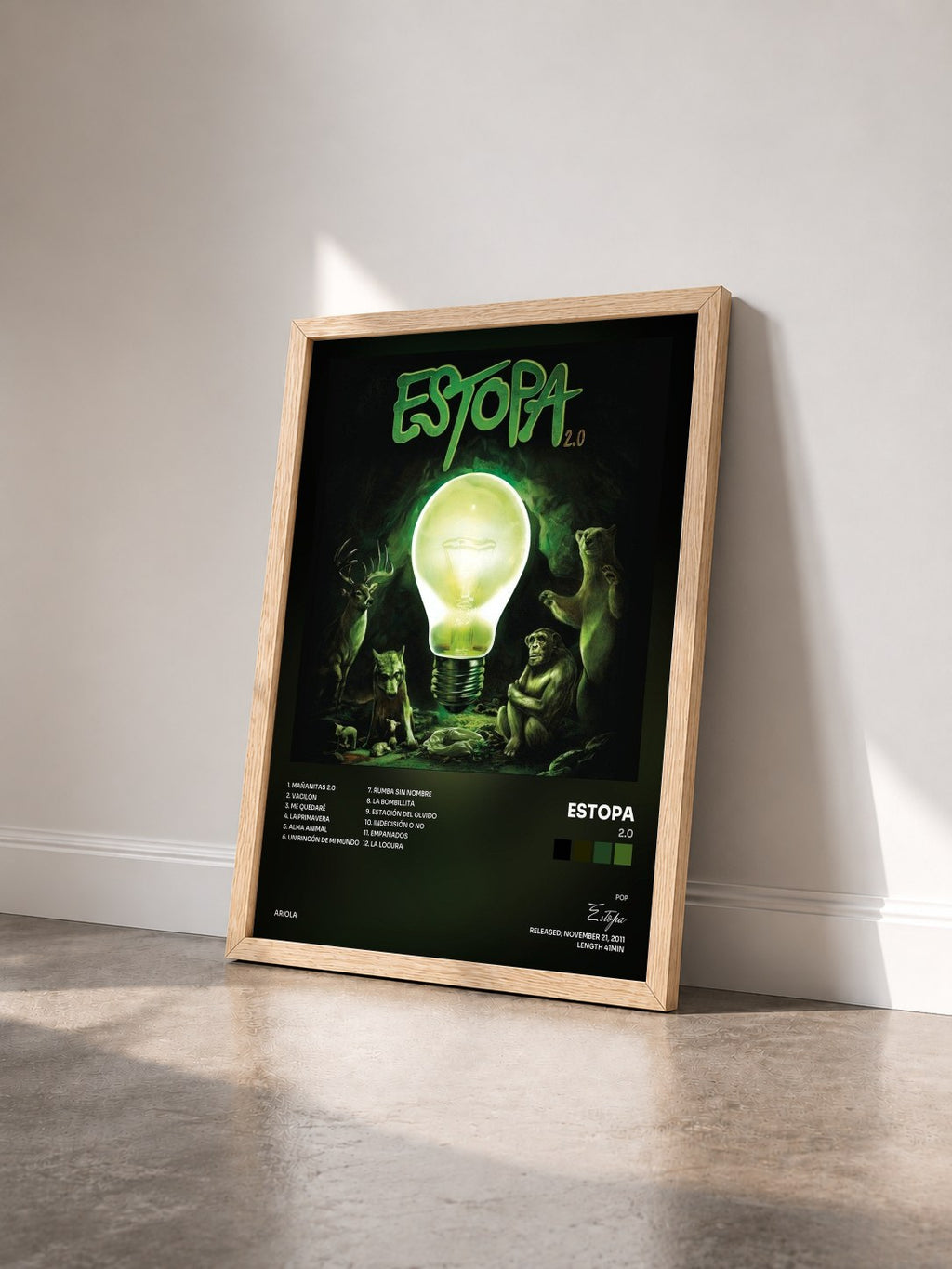 #bois Tableau de l'album 2.0 de Estopa vu de trois quarts, cadre en bois brut