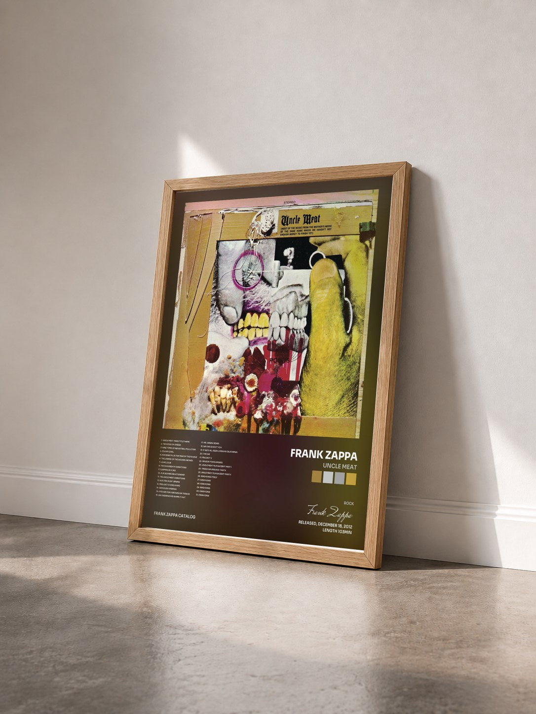 #bois Tableau de l'album Uncle Meat de Frank Zappa vu de trois quarts, cadre en bois brut