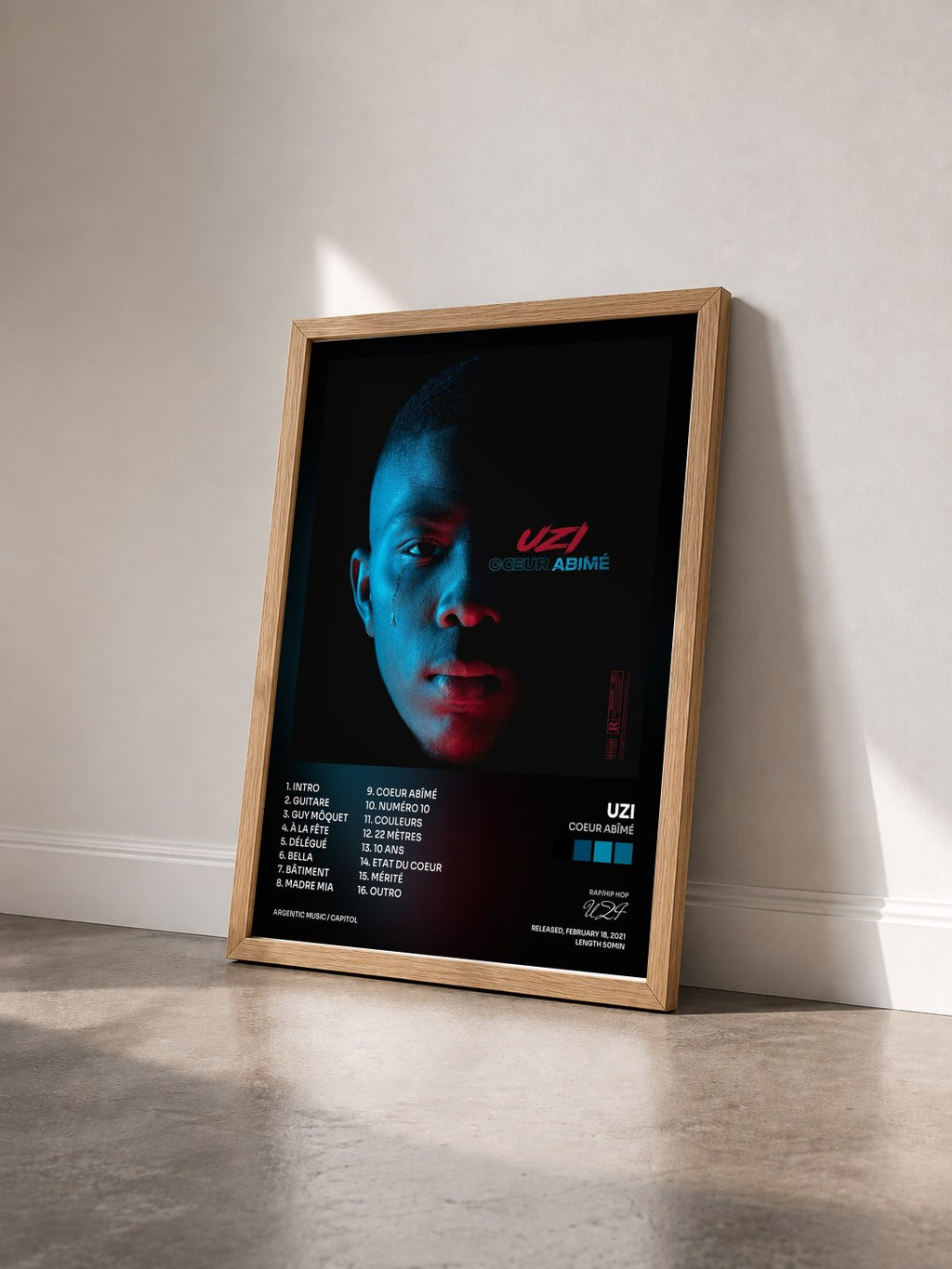 #bois Tableau de l'album Coeur abîmé de UZI vu de trois quarts, cadre en bois brut