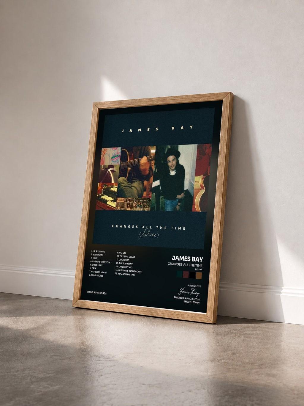 #bois Tableau de l'album Changes All The Time (Deluxe) de James Bay vu de trois quarts, cadre en bois brut