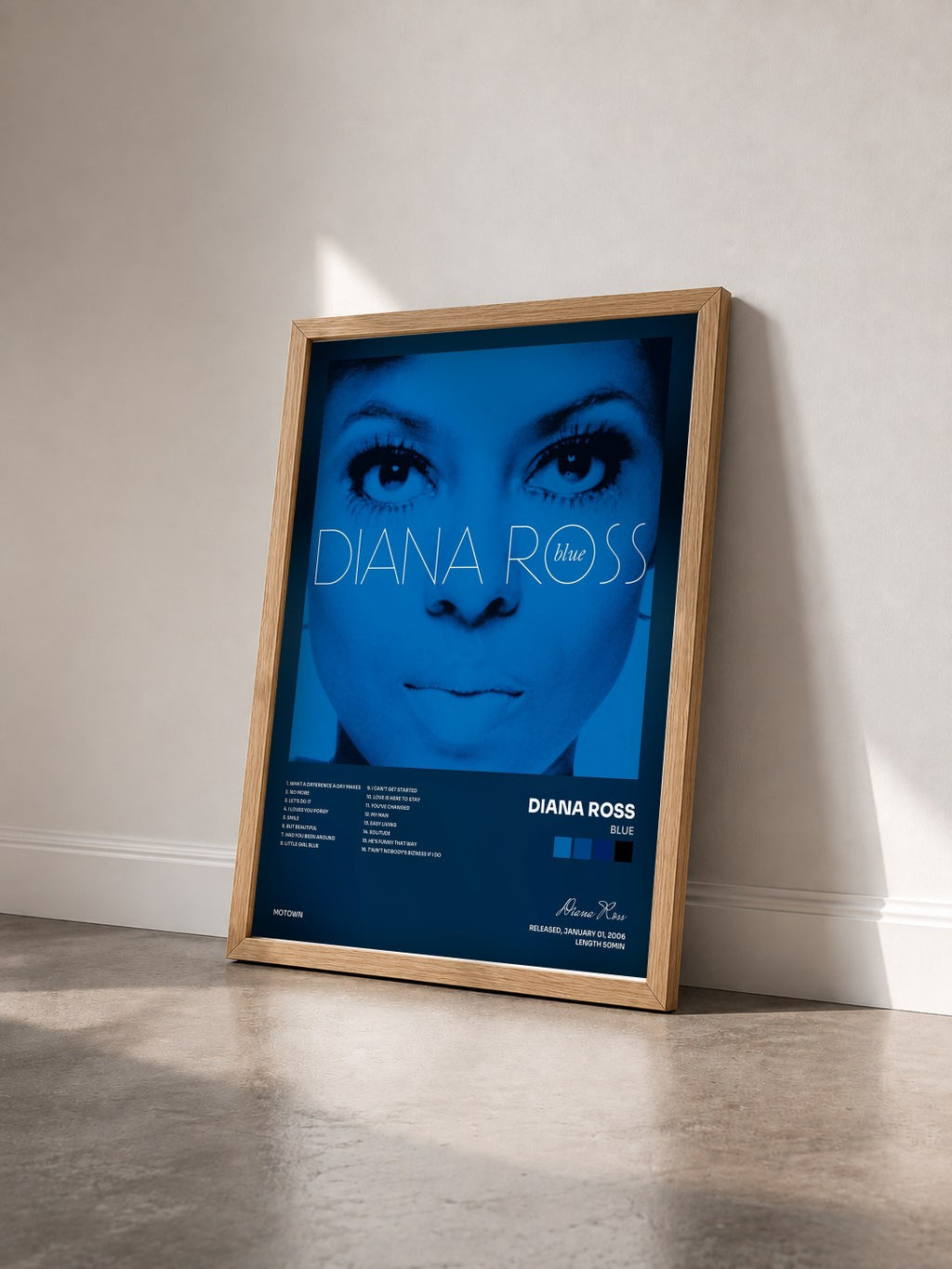 #bois Tableau de l'album Blue de Diana Ross vu de trois quarts, cadre en bois brut