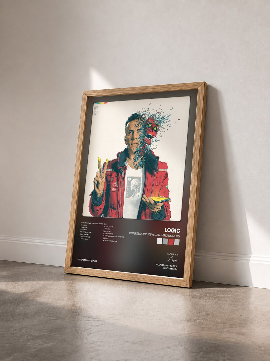 #bois Tableau de l'album Confessions of a Dangerous Mind de Logic vu de trois quarts, cadre en bois brut
