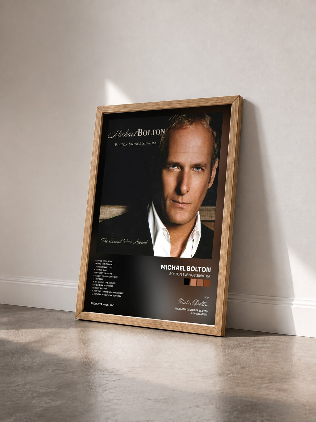 #bois Tableau de l'album Bolton Swings Sinatra de Michael Bolton vu de trois quarts, cadre en bois brut
