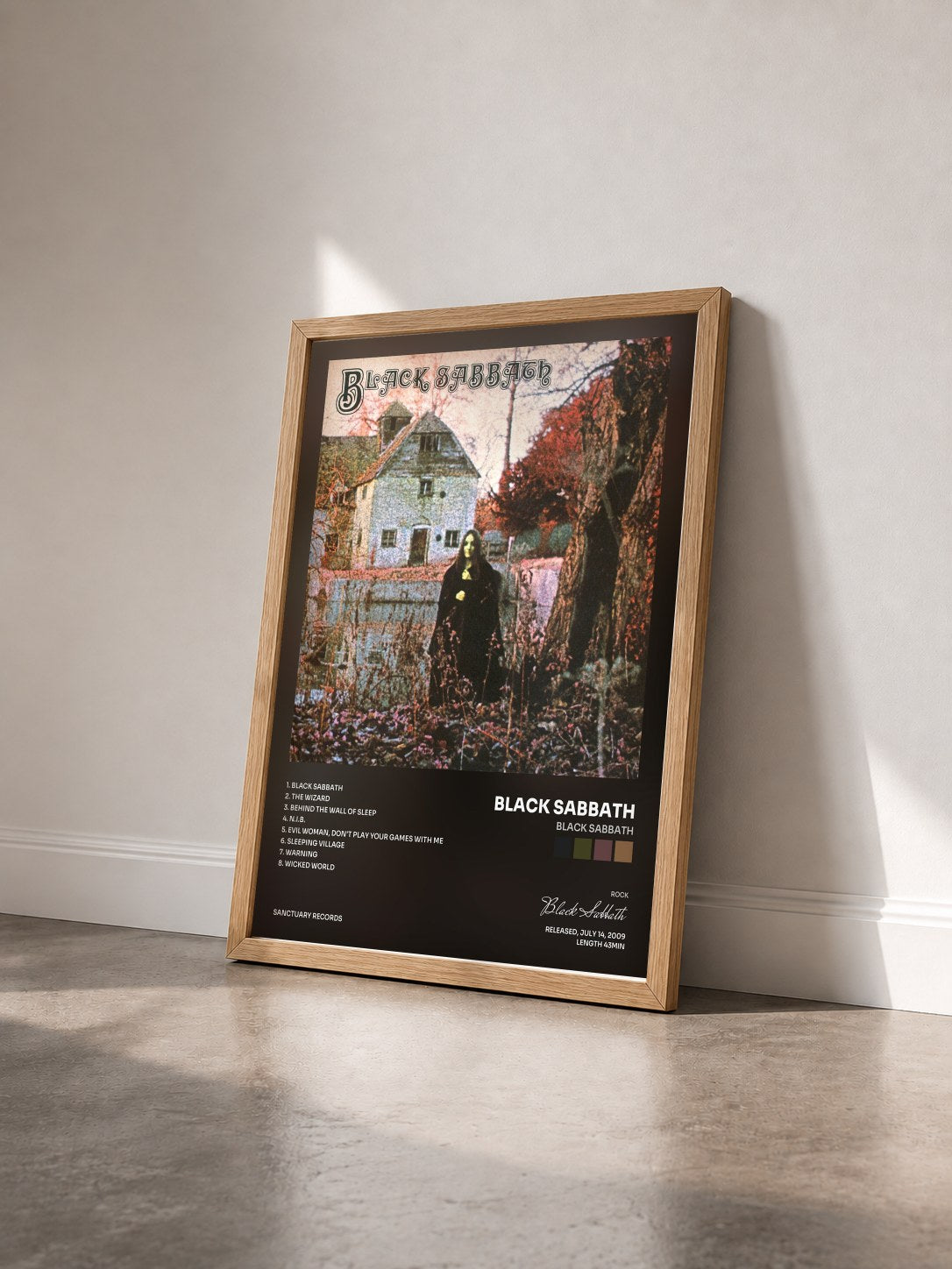 #bois Tableau de l'album Black Sabbath de Black Sabbath vu de trois quarts, cadre en bois brut