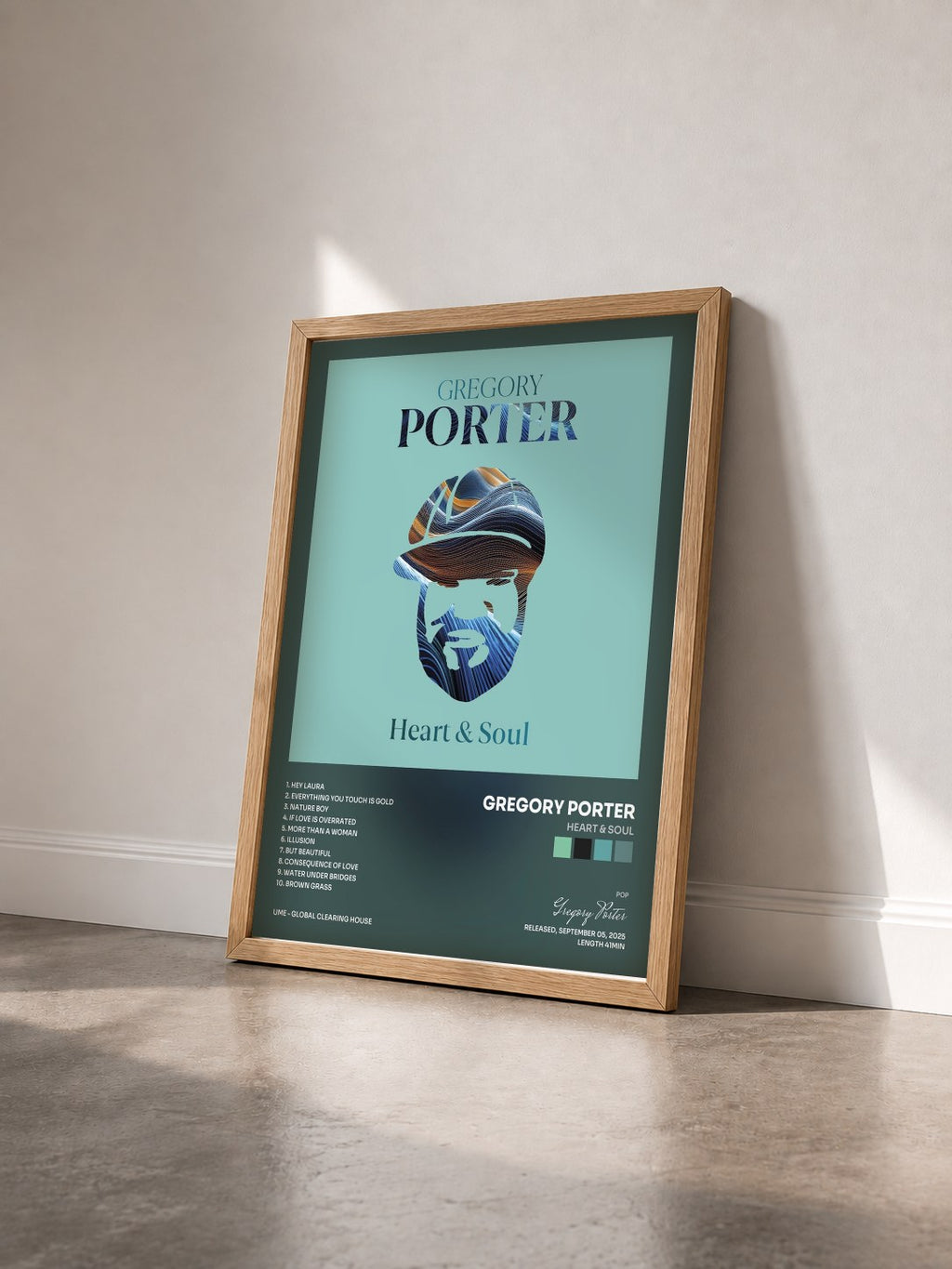 #bois Tableau de l'album Heart & Soul de Gregory Porter vu de trois quarts, cadre en bois brut