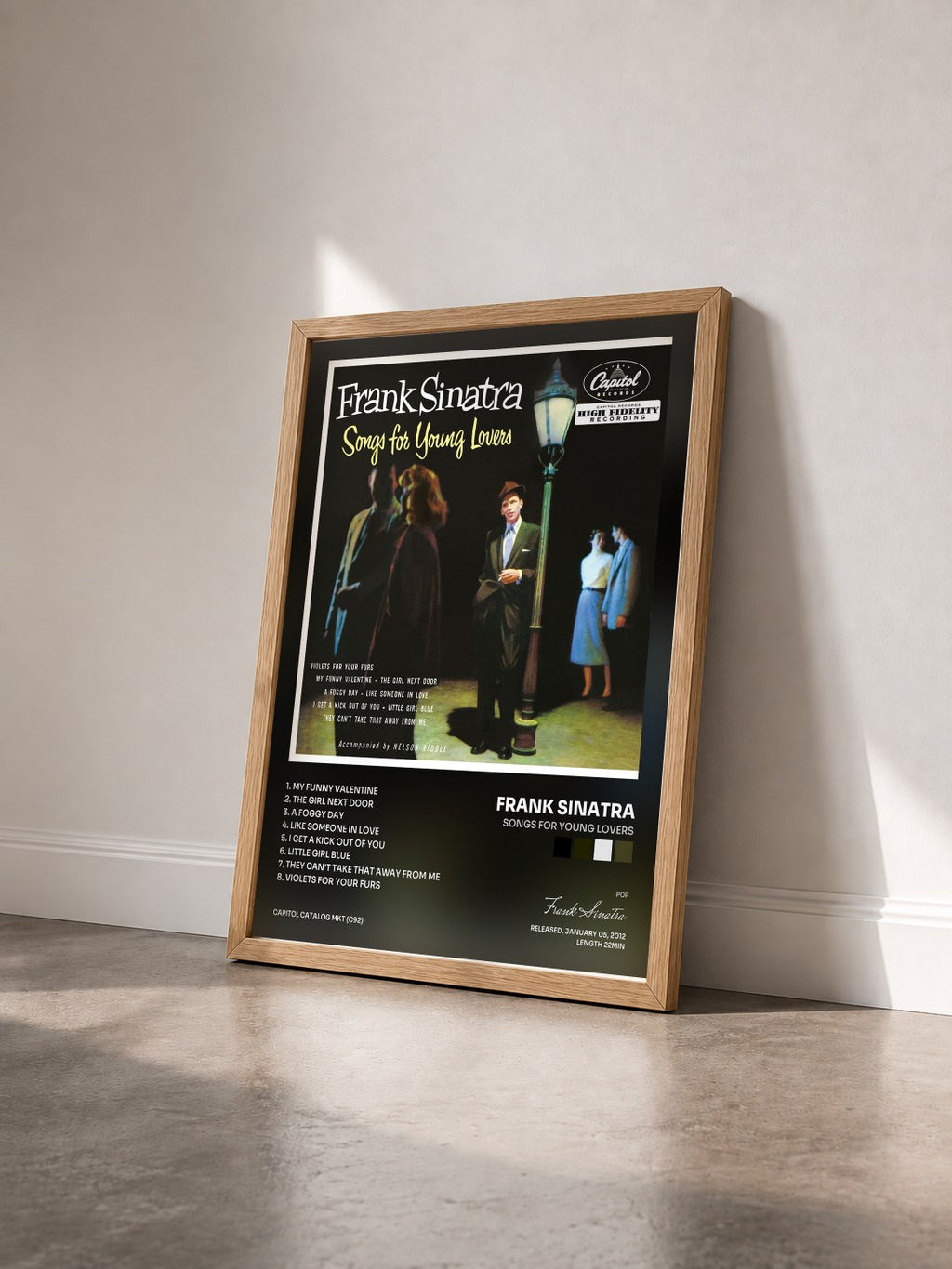 #bois Tableau de l'album Songs For Young Lovers de Frank Sinatra vu de trois quarts, cadre en bois brut