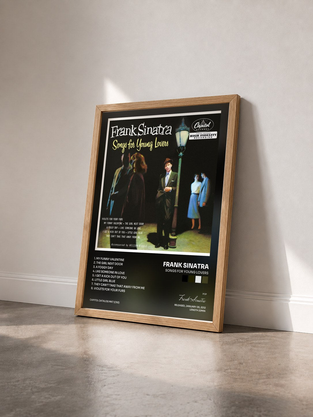 #bois Tableau de l'album Songs For Young Lovers de Frank Sinatra vu de trois quarts, cadre en bois brut