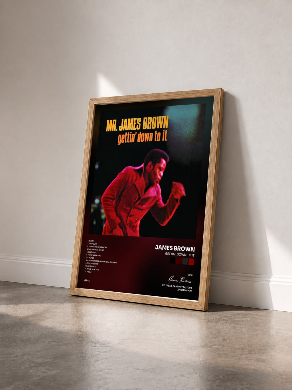 #bois Tableau de l'album Gettin' Down To It de James Brown vu de trois quarts, cadre en bois brut