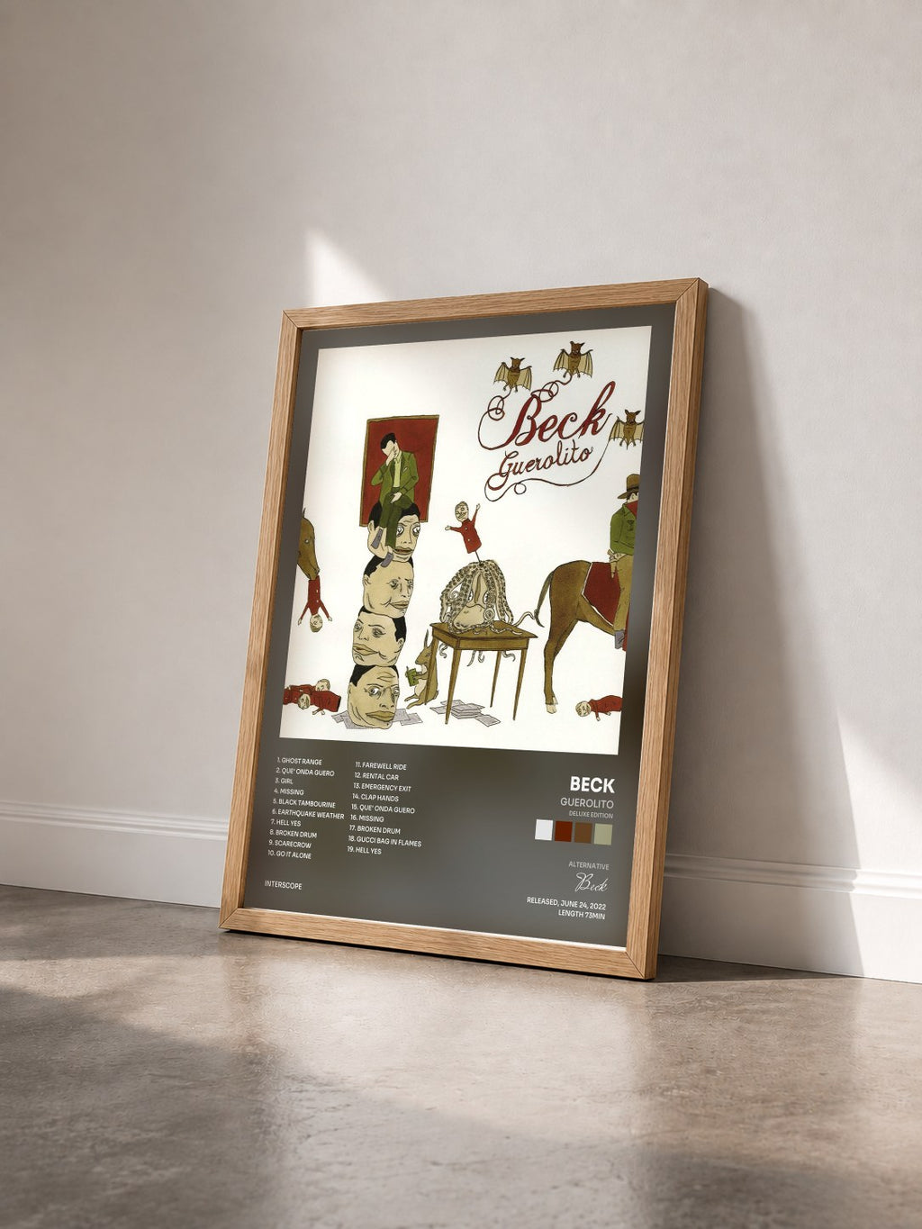 #bois Tableau de l'album Guerolito (Deluxe Edition) de Beck vu de trois quarts, cadre en bois brut