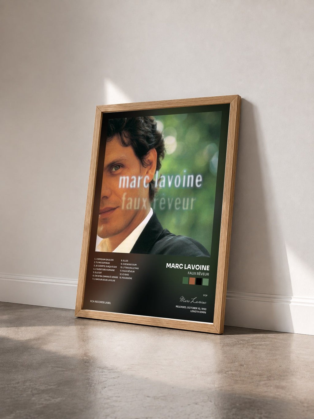 #bois Tableau de l'album Faux rêveur de Marc Lavoine vu de trois quarts, cadre en bois brut