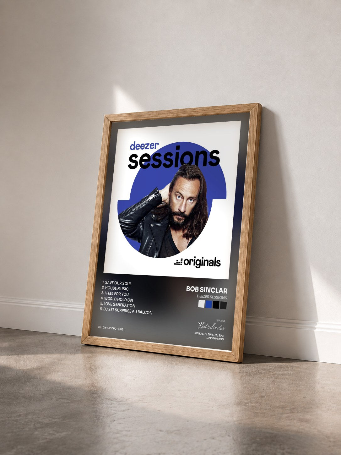 #bois Tableau de l'album Deezer Sessions de Bob Sinclar vu de trois quarts, cadre en bois brut