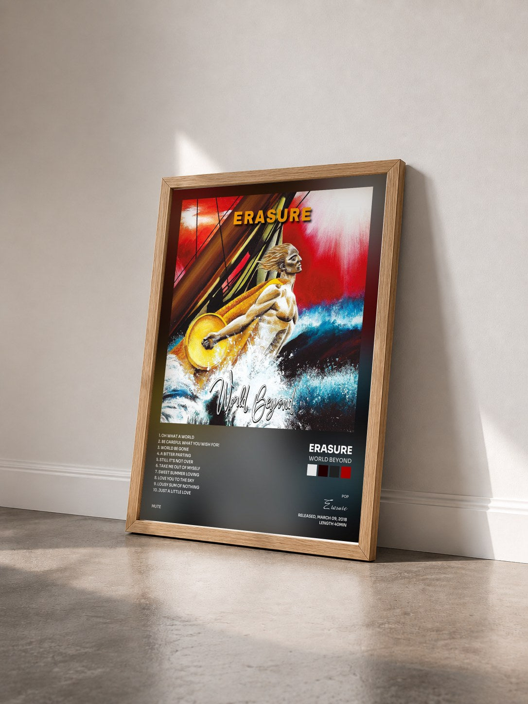 #bois Tableau de l'album World Beyond de Erasure vu de trois quarts, cadre en bois brut