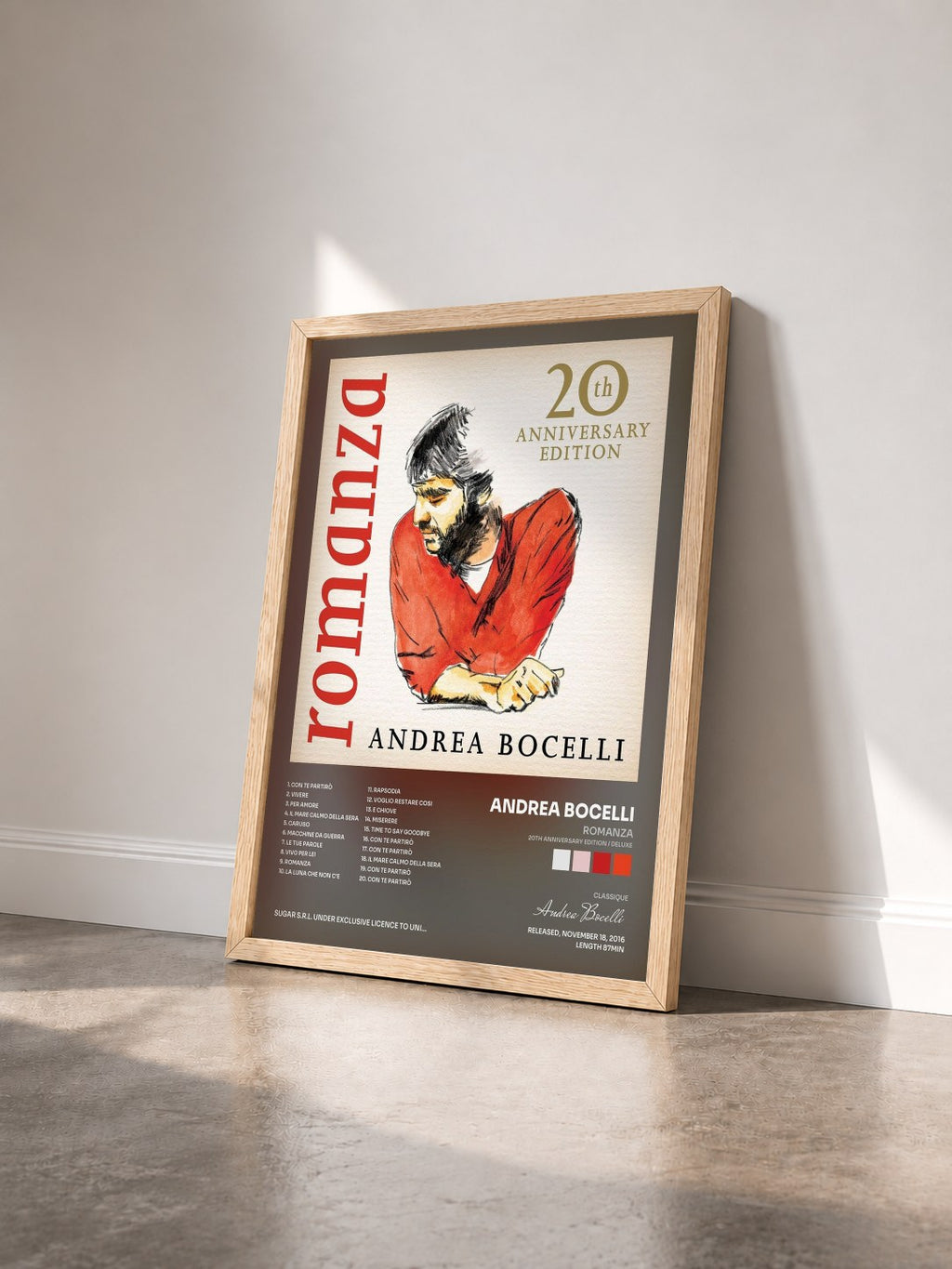 #bois Tableau de l'album Romanza (20th Anniversary Edition / Deluxe) de Andrea Bocelli vu de trois quarts, cadre en bois brut