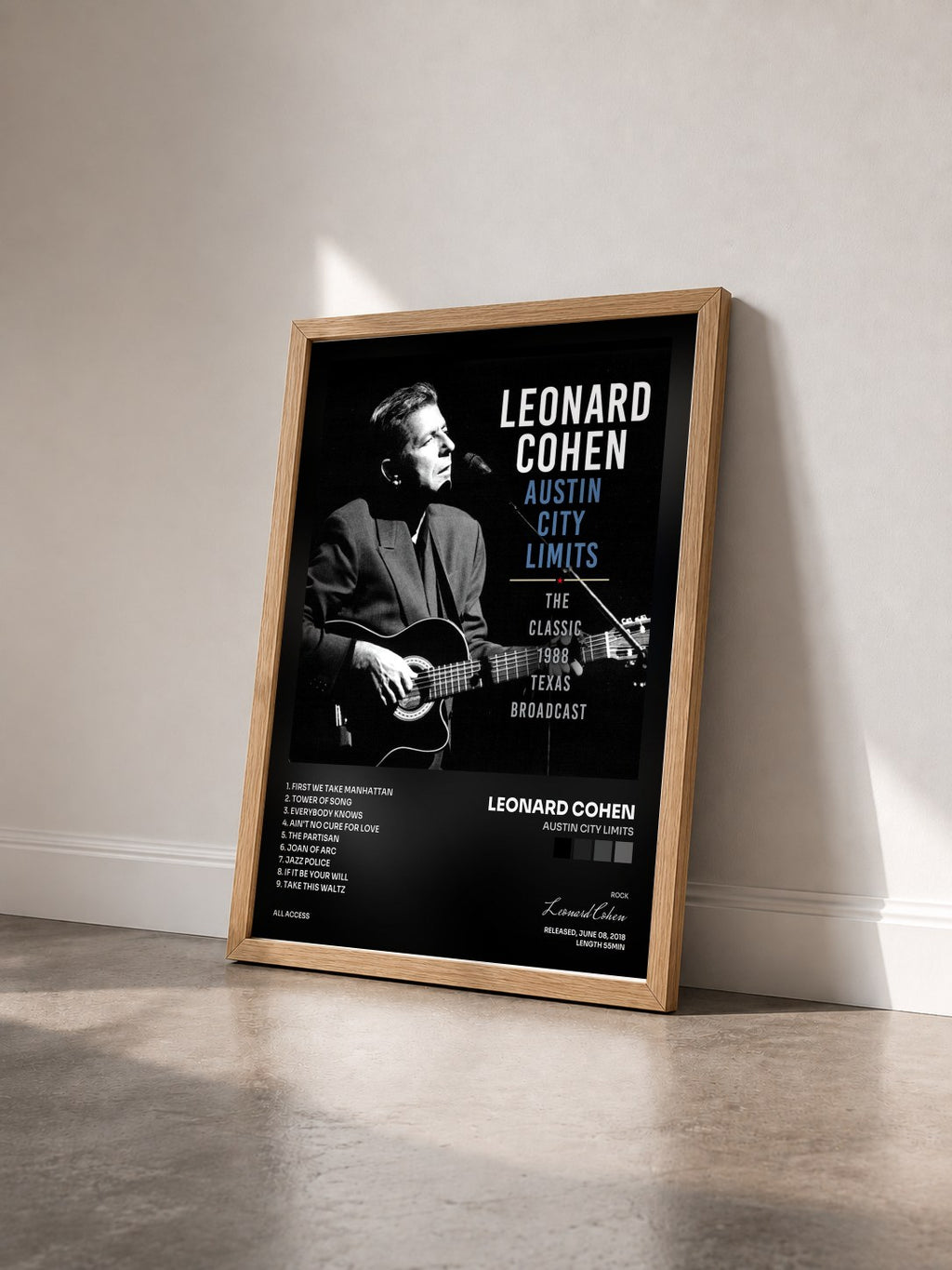 #bois Tableau de l'album Austin City Limits de Leonard Cohen vu de trois quarts, cadre en bois brut
