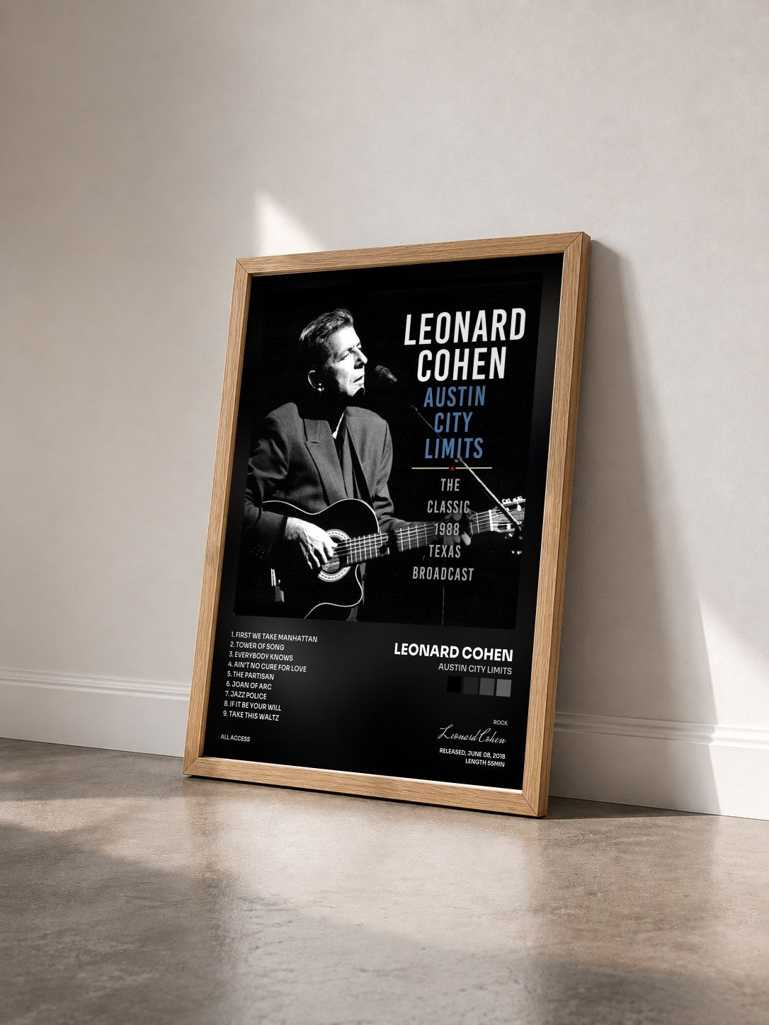 #bois Tableau de l'album Austin City Limits de Leonard Cohen vu de trois quarts, cadre en bois brut