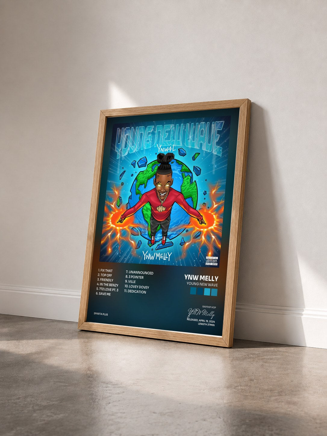#bois Tableau de l'album Young New Wave de YNW Melly vu de trois quarts, cadre en bois brut