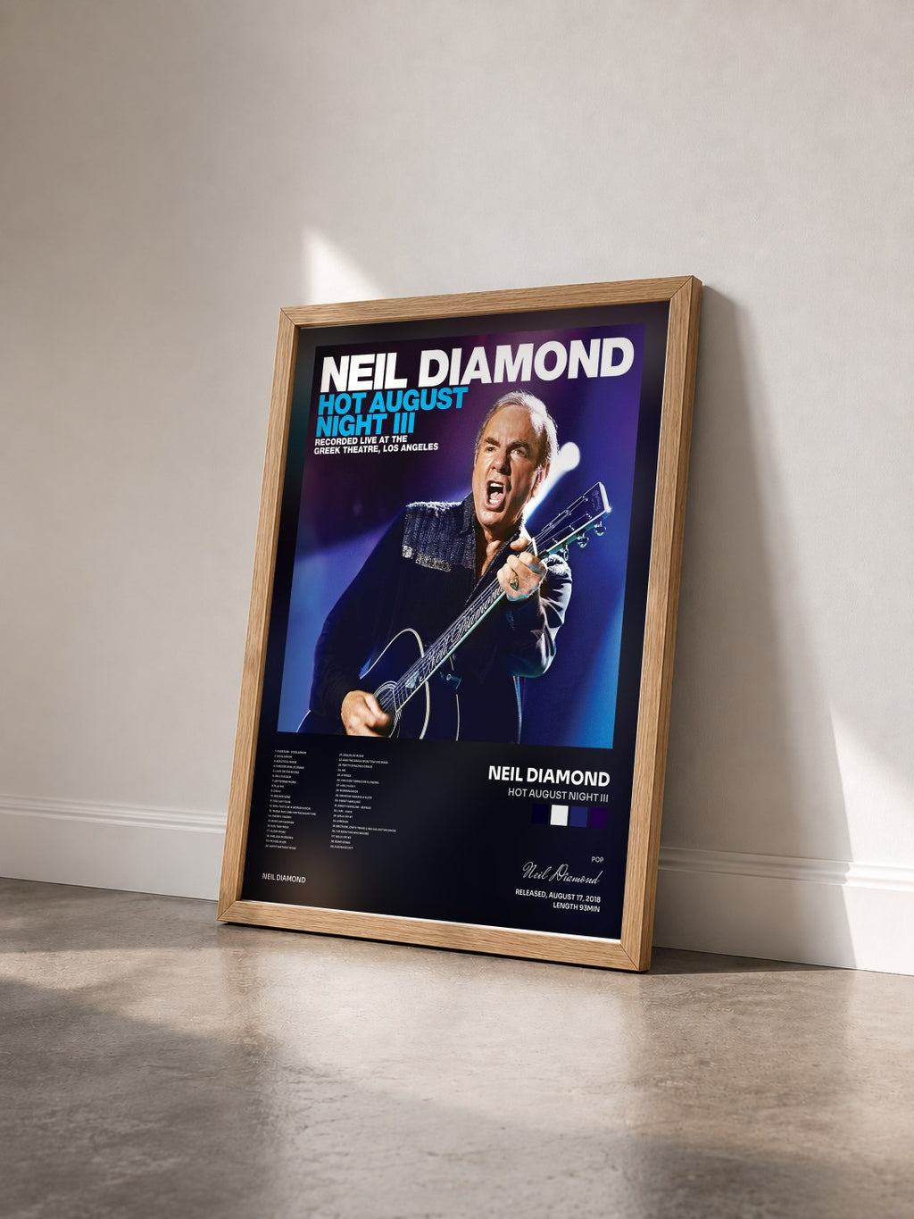 #bois Tableau de l'album Hot August Night III de Neil Diamond vu de trois quarts, cadre en bois brut
