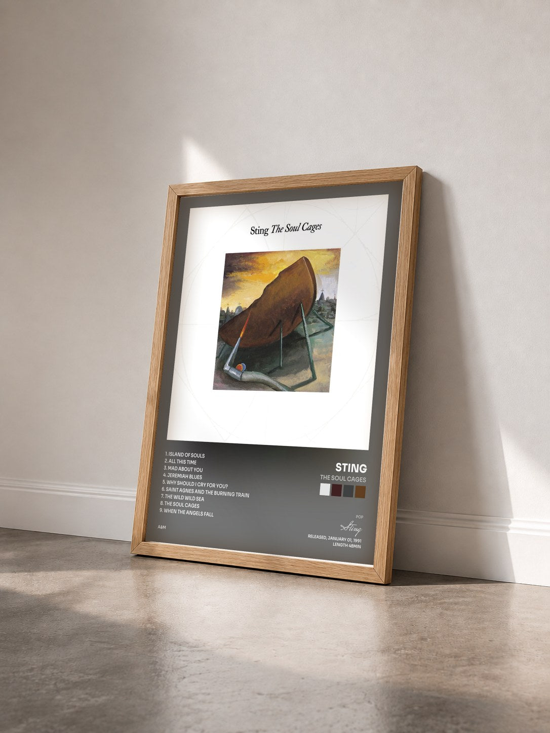 #bois Tableau de l'album The Soul Cages de Sting vu de trois quarts, cadre en bois brut