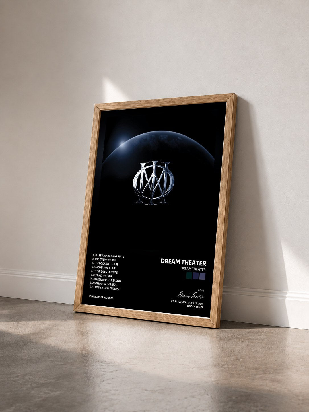 #bois Tableau de l'album Dream Theater de Dream Theater vu de trois quarts, cadre en bois brut