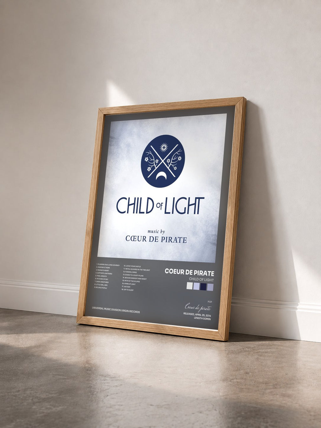 #bois Tableau de l'album Child Of Light de Coeur de pirate vu de trois quarts, cadre en bois brut
