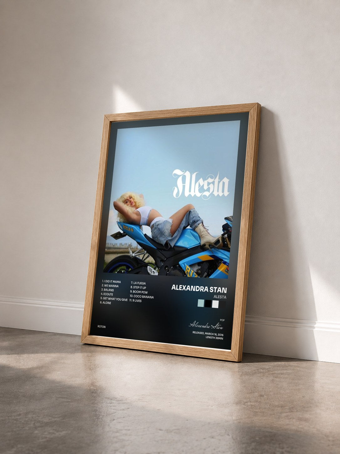 #bois Tableau de l'album Alesta de Alexandra Stan vu de trois quarts, cadre en bois brut