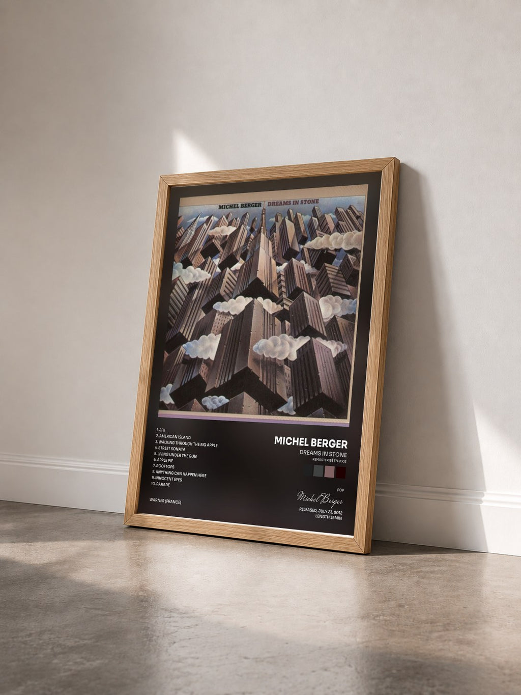 #bois Tableau de l'album Dreams in Stone (Remasterisé en 2002) de Michel Berger vu de trois quarts, cadre en bois brut