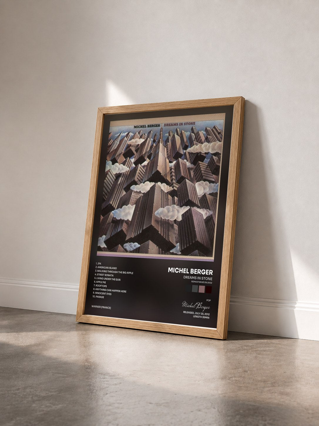 #bois Tableau de l'album Dreams in Stone (Remasterisé en 2002) de Michel Berger vu de trois quarts, cadre en bois brut
