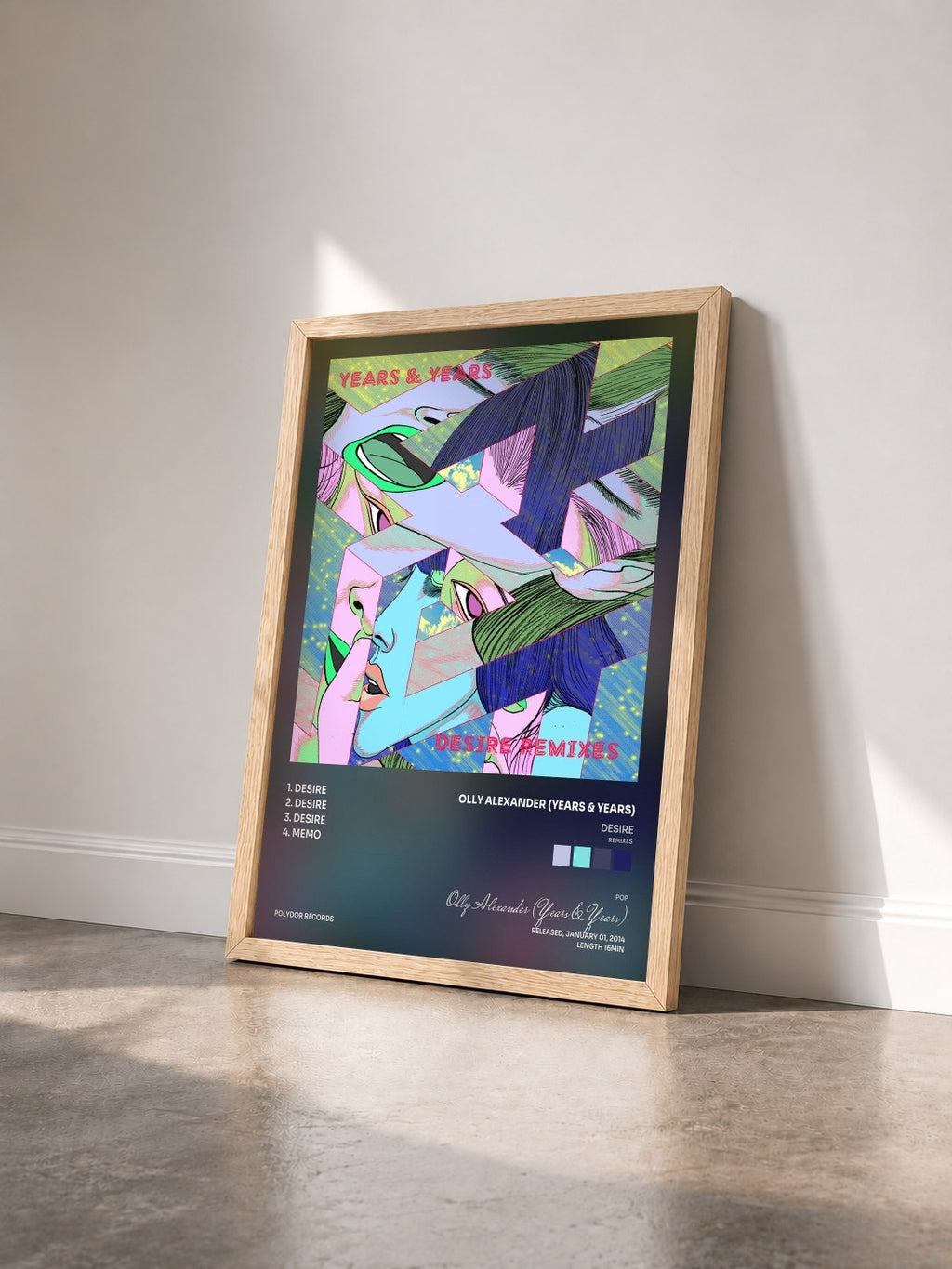 #bois Tableau de l'album Desire (Remixes) de Olly Alexander (Years & Years) vu de trois quarts, cadre en bois brut
