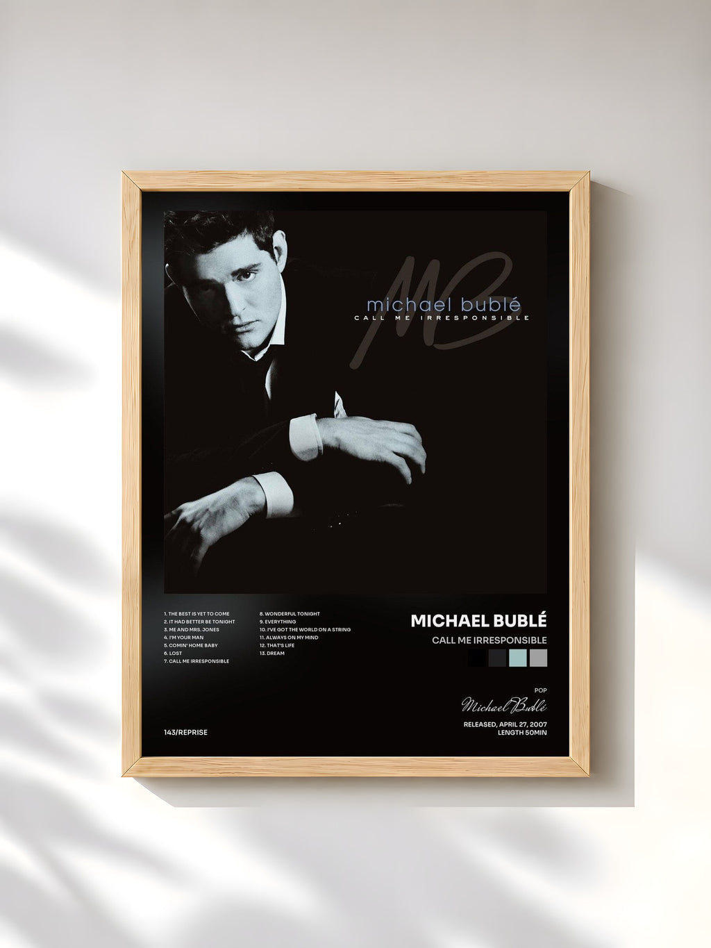 #bois Tableau de l'album Call Me Irresponsible de Michael Bublé, cadre en bois brut, imprimé et encadré en France