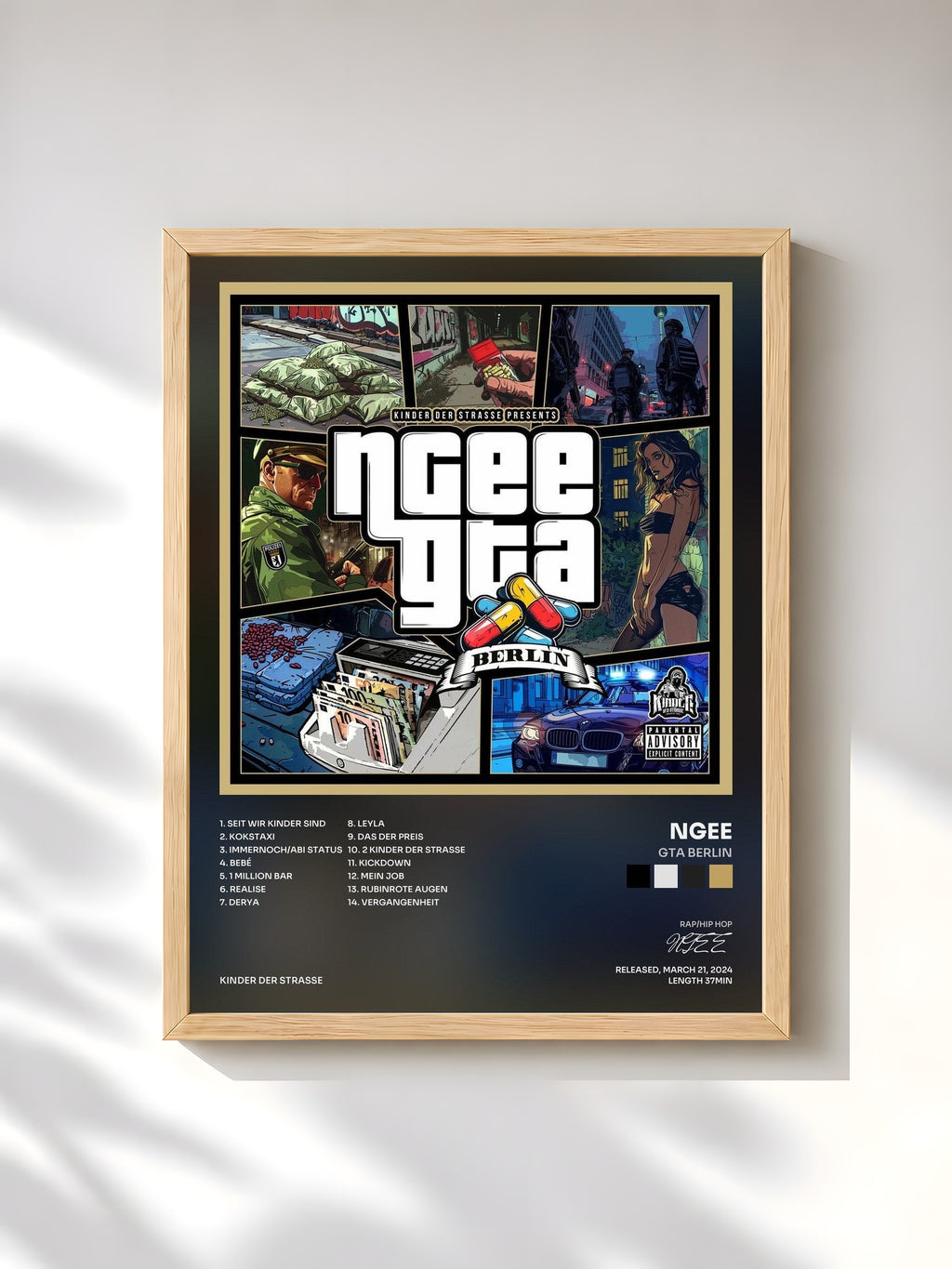 #bois Tableau de l'album GTA BERLIN de NGEE, cadre en bois brut, imprimé et encadré en France