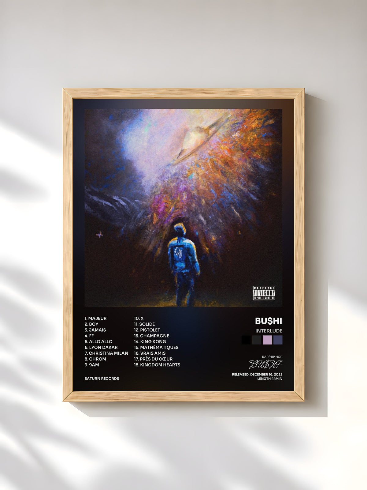 #bois Tableau de l'album Interlude de BU$HI, cadre en bois brut, imprimé et encadré en France