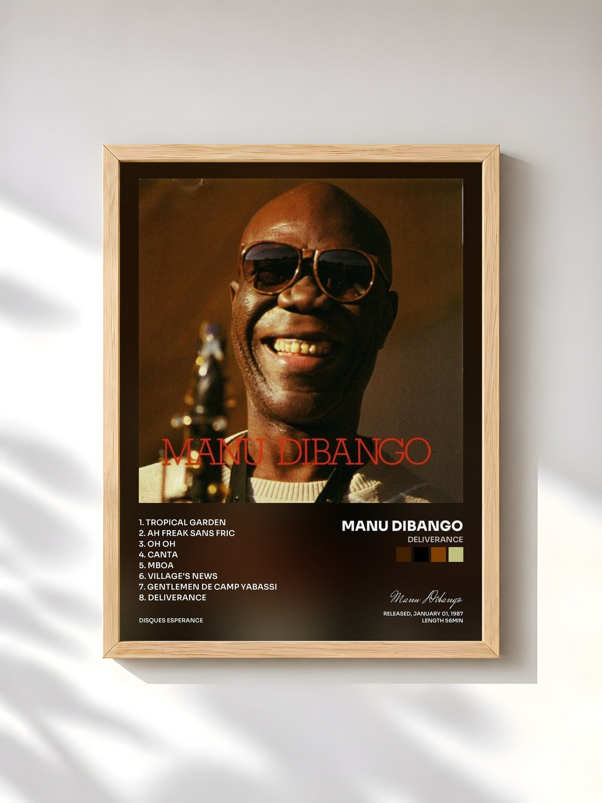 #bois Tableau de l'album Deliverance de Manu Dibango, cadre en bois brut, imprimé et encadré en France