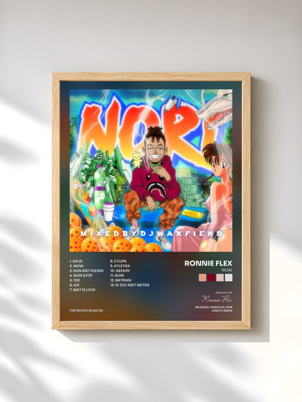#bois Tableau de l'album NORI de Ronnie Flex, cadre en bois brut, imprimé et encadré en France