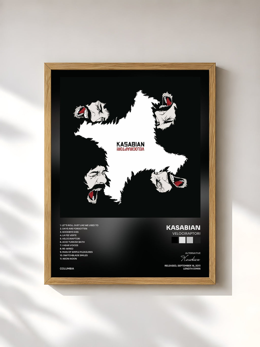 #bois Tableau de l'album Velociraptor! de Kasabian, cadre en bois brut, imprimé et encadré en France