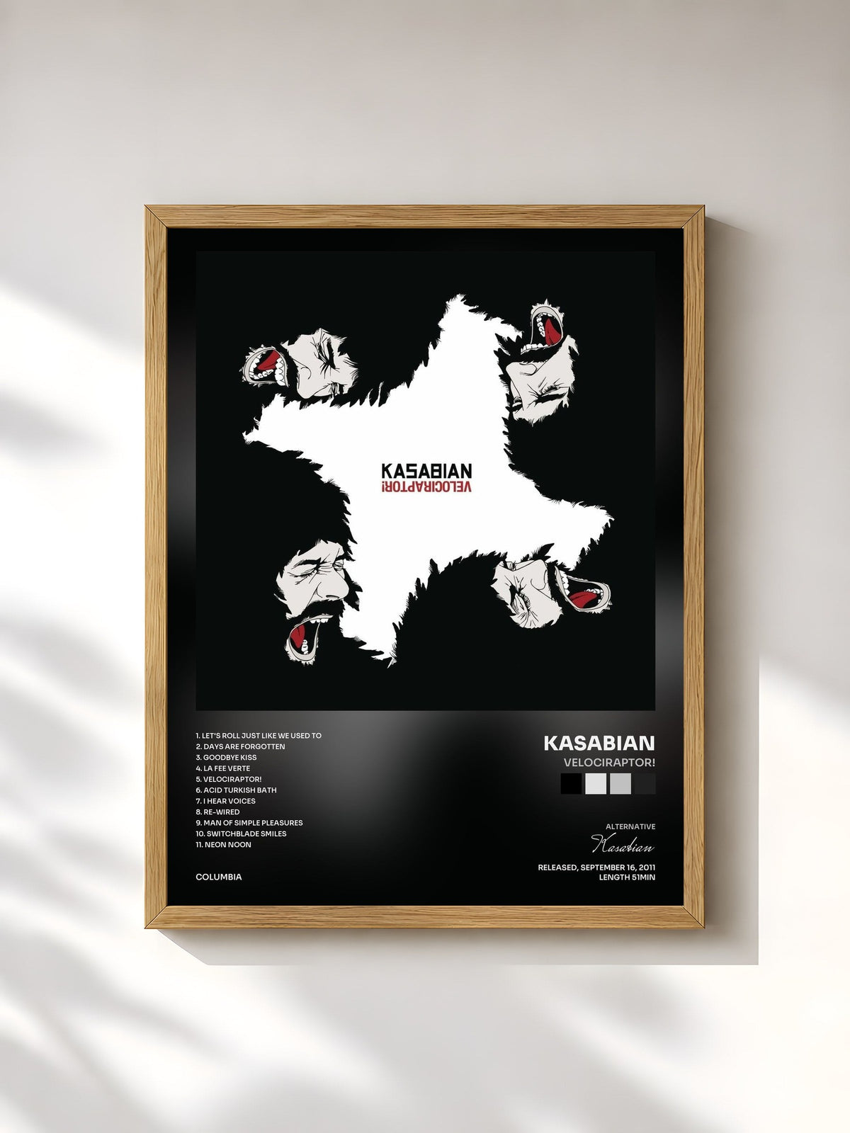 #bois Tableau de l'album Velociraptor! de Kasabian, cadre en bois brut, imprimé et encadré en France