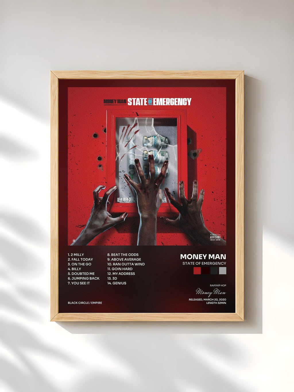 #bois Tableau de l'album State of Emergency de Money Man, cadre en bois brut, imprimé et encadré en France