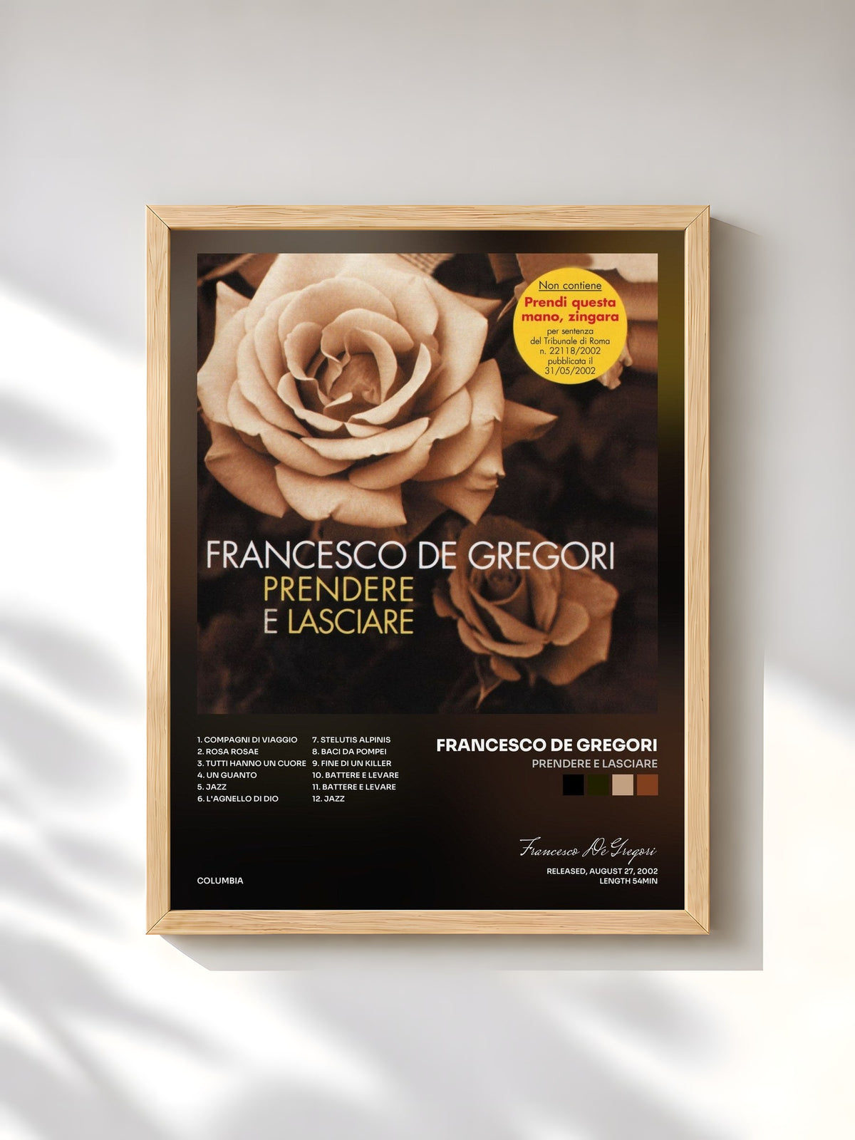 #bois Tableau de l'album Prendere e lasciare de Francesco De Gregori, cadre en bois brut, imprimé et encadré en France
