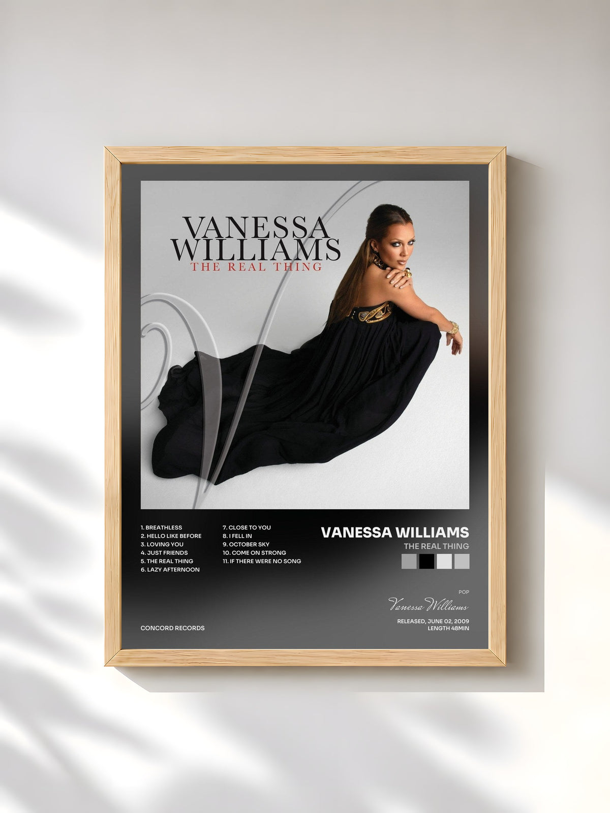 #bois Tableau de l'album The Real Thing de Vanessa Williams, cadre en bois brut, imprimé et encadré en France